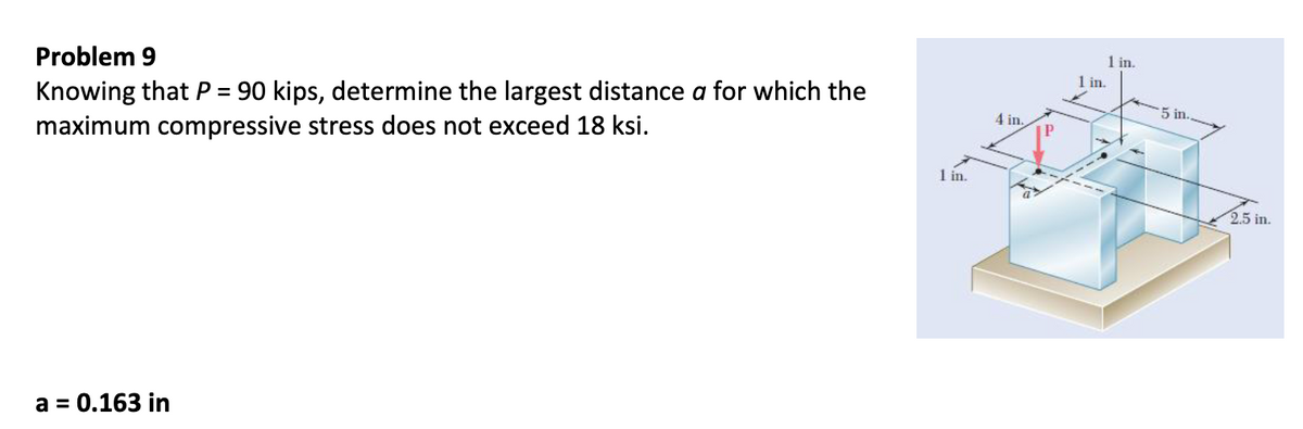Problem 9
Knowing that P = 90 kips, determine the largest distance a for which the
maximum compressive stress does not exceed 18 ksi.
a = 0.163 in
1 in.
4 in.
1 in.
1 in.
5 in.
2.5 in.