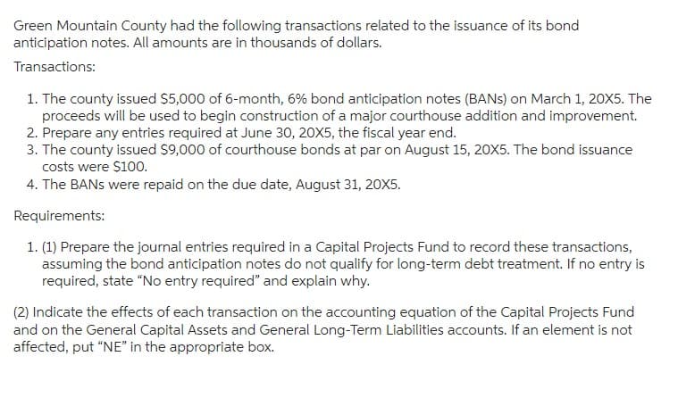 Green Mountain County had the following transactions related to the issuance of its bond
anticipation notes. All amounts are in thousands of dollars.
Transactions:
1. The county issued $5,000 of 6-month, 6% bond anticipation notes (BANs) on March 1, 20X5. The
proceeds will be used to begin construction of a major courthouse addition and improvement.
2. Prepare any entries required at June 30, 20X5, the fiscal year end.
3. The county issued $9,000 of courthouse bonds at par on August 15, 20X5. The bond issuance
costs were $100.
4. The BANs were repaid on the due date, August 31, 20X5.
Requirements:
1. (1) Prepare the journal entries required in a Capital Projects Fund to record these transactions,
assuming the bond anticipation notes do not qualify for long-term debt treatment. If no entry is
required, state "No entry required" and explain why.
(2) Indicate the effects of each transaction on the accounting equation of the Capital Projects Fund
and on the General Capital Assets and General Long-Term Liabilities accounts. If an element is not
affected, put "NE" in the appropriate box.