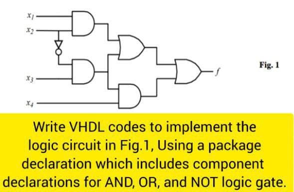 x1
X2
Fig. 1
Write VHDL codes to implement the
logic circuit in Fig. 1, Using a package
declaration which includes component
declarations for AND, OR, and NOT logic gate.