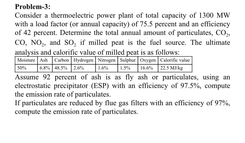 Problem-3:
Consider a thermoelectric power plant of total capacity of 1300 MW
with a load factor (or annual capacity) of 75.5 percent and an efficiency
of 42 percent. Determine the total annual amount of particulates, CO,,
CO, NO, and SO, if milled peat is the fuel source. The ultimate
analysis and calorific value of milled peat is as follows:
Carbon Hydrogen Nitrogen Sulphur Oxygen Calorific value
16.6% 22.5 MJ/kg
Moisture Ash
50%
6.8% 48.5% 2.6%
1.6%
1.5%
Assume 92 percent of ash is as fly ash or particulates, using an
electrostatic precipitator (ESP) with an efficiency of 97.5%, compute
the emission rate of particulates.
If particulates are reduced by flue gas filters with an efficiency of 97%,
compute the emission rate of particulates.
