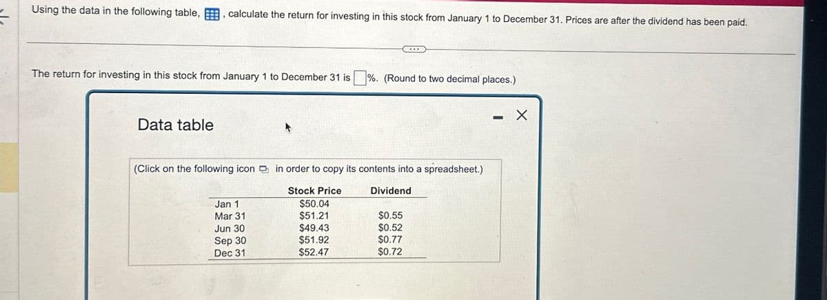 Using the data in the following table,
calculate the return for investing in this stock from January 1 to December 31. Prices are after the dividend has been paid.
The return for investing in this stock from January 1 to December 31 is %. (Round to two decimal places.)
Data table
(Click on the following icon in order to copy its contents into a spreadsheet.)
Stock Price
Dividend
Jan 1
$50.04
Mar 31
$51.21
$0.55
Jun 30
$49.43
$0.52
Sep 30
$51.92
$0.77
Dec 31
$52.47
$0.72
- X