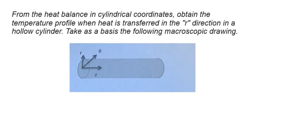From the heat balance in cylindrical coordinates, obtain the
temperature profile when heat is transferred in the "r" direction in a
hollow cylinder. Take as a basis the following macroscopic drawing.
0