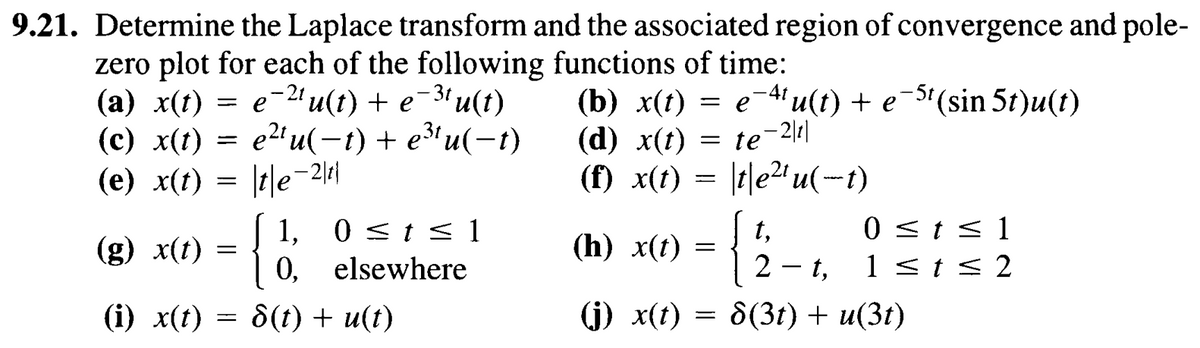 9.21. Determine the Laplace transform and the associated region of convergence and pole-
zero plot for each of the following functions of time:
(a) x(t) = e21 u(t) + e −31 u(t)
==
(c) x(t) = e²u(t) + e³¹ u(t)
te-21
(e) x(t)
======
(g) x(t) = {
1, 0 ≤t ≤1
0, elsewhere
(i) x(t) = 8(t) + u(t)
(b) x(t) = et u(t) + est (sin 5t)u(t)
(d) x(t) = te-2|1|
(f) x(t)
==
(h) x(t) =
{
(j) x(t) =
teu(-1)
t,
2
0 ≤ t≤ 1
-
t,
1 ≤ i ≤ 2
8(31) + u(31)