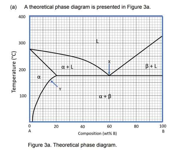 (a) A theoretical phase diagram is presented in Figure 3a.
400
Temperature (°C)
300
200
100
0
DO
8
A
a +L
Y
40
60
Composition (wt% B)
Figure 3a. Theoretical phase diagram.
20
X
a + ß
80
B+L
100
B