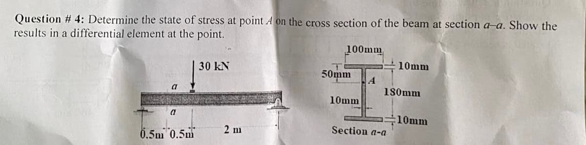 Question # 4: Determine the state of stress at point A on the cross section of the beam at section a-a. Show the
results in a differential element at the point.
a
a
0.5m 0.5m
30 kN
2 m
100mm
50mm A
10mm
10mm
180mm
Section a-a
10mm
