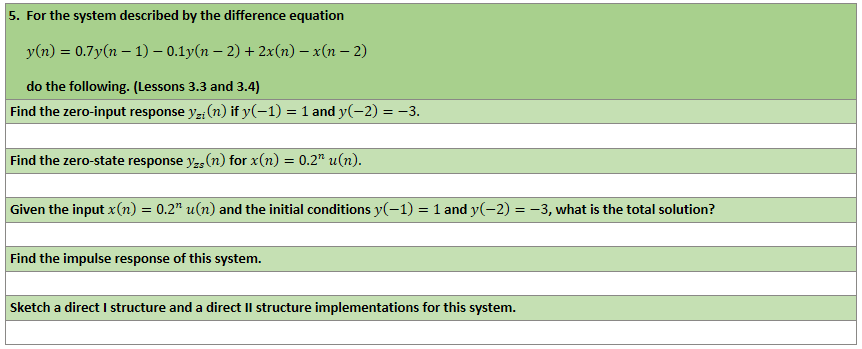 5. For the system described by the difference equation
y(n) = 0.7y(n – 1) – 0.1y(n – 2) + 2x(n) – x(n – 2)
do the following. (Lessons 3.3 and 3.4)
Find the zero-input response y-; (n) if y(-1) = 1 and y(-2) = –3.
Find the zero-state response y, (n) for x(n) = 0.2" u(n).
Given the input x(n) = 0.2" u(n) and the initial conditions y(-1) = 1 and y(-2) = -3, what is the total solution?
Find the impulse response of this system.
Sketch a direct I structure and a direct Il structure implementations for this system.
