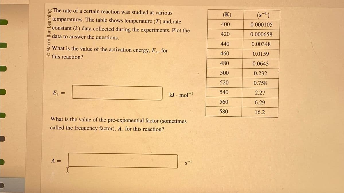 Macmillan Learning
The rate of a certain reaction was studied at various
temperatures. The table shows temperature (T) and,rate
constant (k) data collected during the experiments. Plot the
data to answer the questions.
What is the value of the activation energy, E., for
this reaction?
Ea =
(K)
(S-1)
400
0.000105
420
0.000658
440
0.00348
460
0.0159
480
0.0643
500
0.232
520
0.758
kJ mol-1
540
2.27
560
6.29
580
16.2
What is the value of the pre-exponential factor (sometimes
called the frequency factor), A, for this reaction?
A =
I