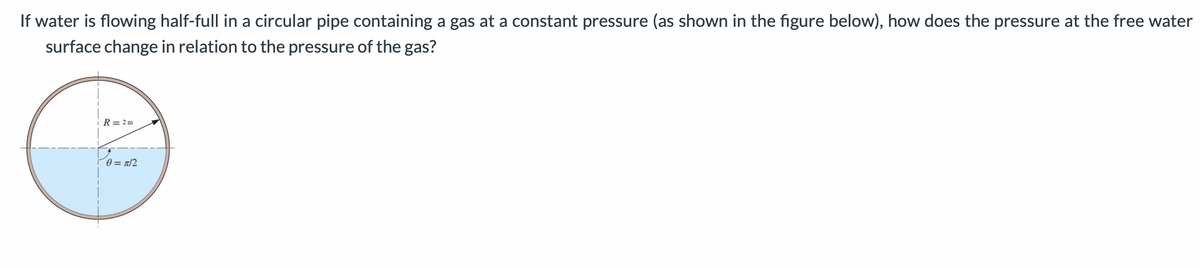 If water is flowing half-full in a circular pipe containing a gas at a constant pressure (as shown in the figure below), how does the pressure at the free water
surface change in relation to the pressure of the gas?
R= 2 m
0 = a/2

