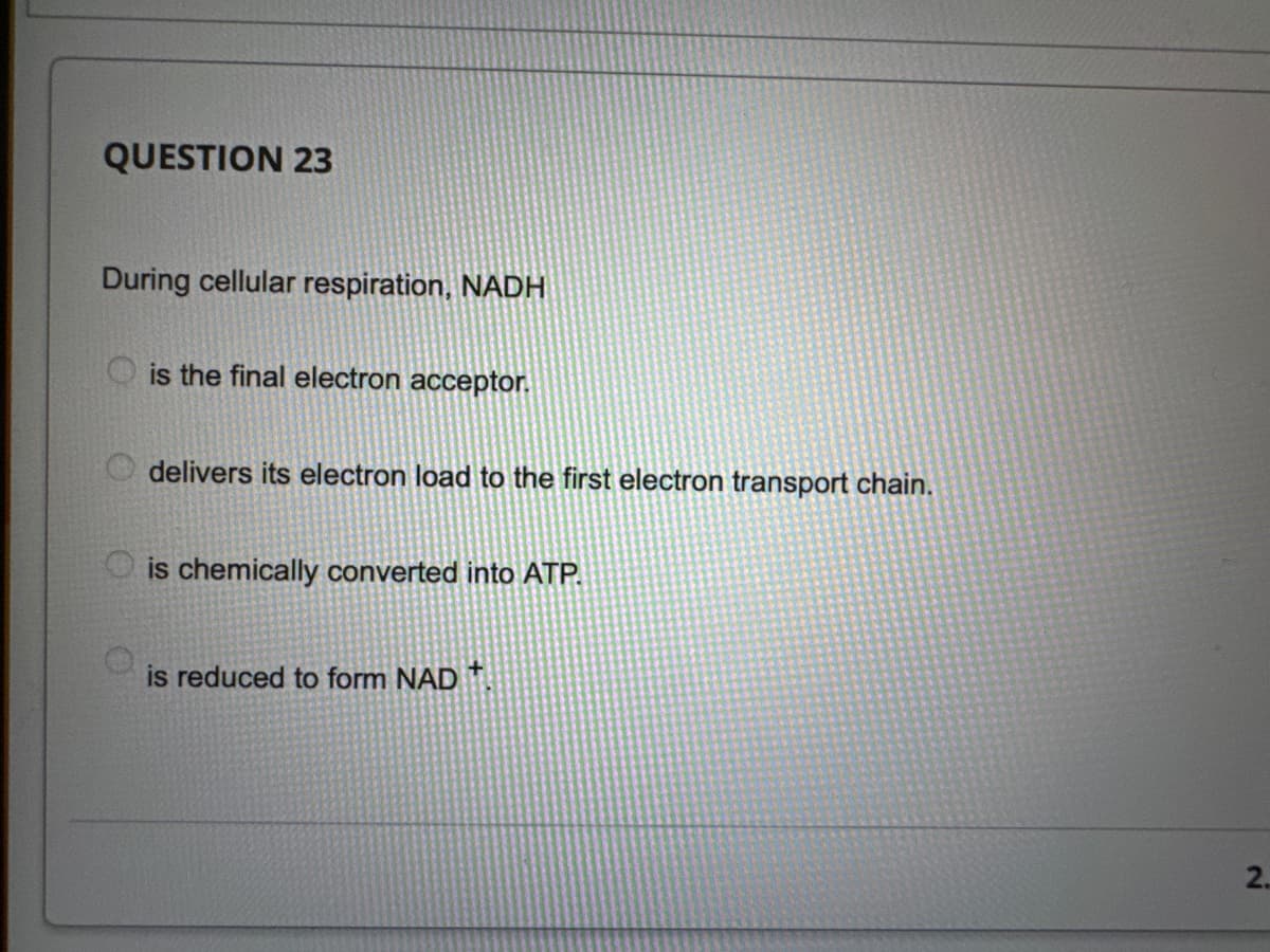 QUESTION 23
During cellular respiration, NADH
is the final electron acceptor.
delivers its electron load to the first electron transport chain.
is chemically converted into ATP.
is reduced to form NAD +
2.