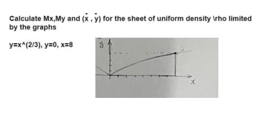 Calculate Mx,My and (x, y) for the sheet of uniform density \rho limited
by the graphs
y=x^(2/3), y=0, x=8
y
x