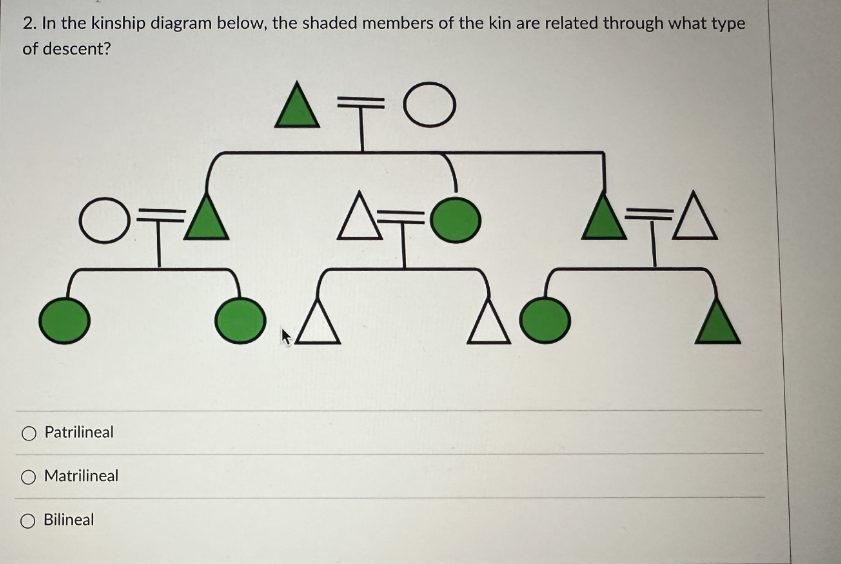 2. In the kinship diagram below, the shaded members of the kin are related through what type
of descent?
O Patrilineal
Matrilineal
Bilineal
T
AT
TA