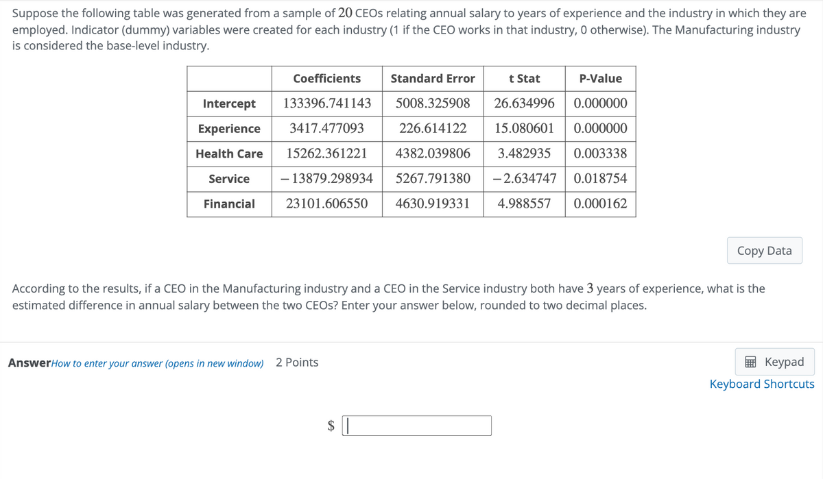 Suppose the following table was generated from a sample of 20 CEOs relating annual salary to years of experience and the industry in which they are
employed. Indicator (dummy) variables were created for each industry (1 if the CEO works in that industry, 0 otherwise). The Manufacturing industry
is considered the base-level industry.
Intercept
Experience
Health Care
Service
Financial
Coefficients
133396.741143
3417.477093 226.614122
15262.361221 4382.039806
- 13879.298934 5267.791380
23101.606550 4630.919331
Standard Error
5008.325908
t Stat
P-Value
26.634996 0.000000
15.080601 0.000000
3.482935 0.003338
-2.634747 0.018754
4.988557 0.000162
Copy Data
According to the results, if a CEO in the Manufacturing industry and a CEO in the Service industry both have 3 years of experience, what is the
estimated difference in annual salary between the two CEOs? Enter your answer below, rounded to two decimal places.
AnswerHow to enter your answer (opens in new window) 2 Points
Keypad
Keyboard Shortcuts