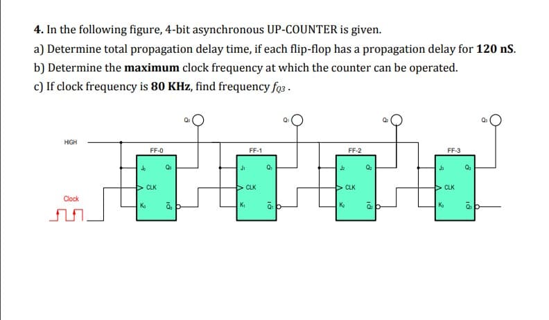 4. In the following figure, 4-bit asynchronous UP-COUNTER is given.
a) Determine total propagation delay time, if each flip-flop has a propagation delay for 120 nS.
b) Determine the maximum clock frequency at which the counter can be operated.
c) If clock frequency is 80 KHz, find frequency fo3.
HIGH
Clock
M
do
Ka
FF-0
CLK
18
J₁
FF-1
CLK
K₁
Q₁
18
Jz
FF-2
CLK
K₂
Q₂
Js
FF-3
CLK
K₂
Q₂
18