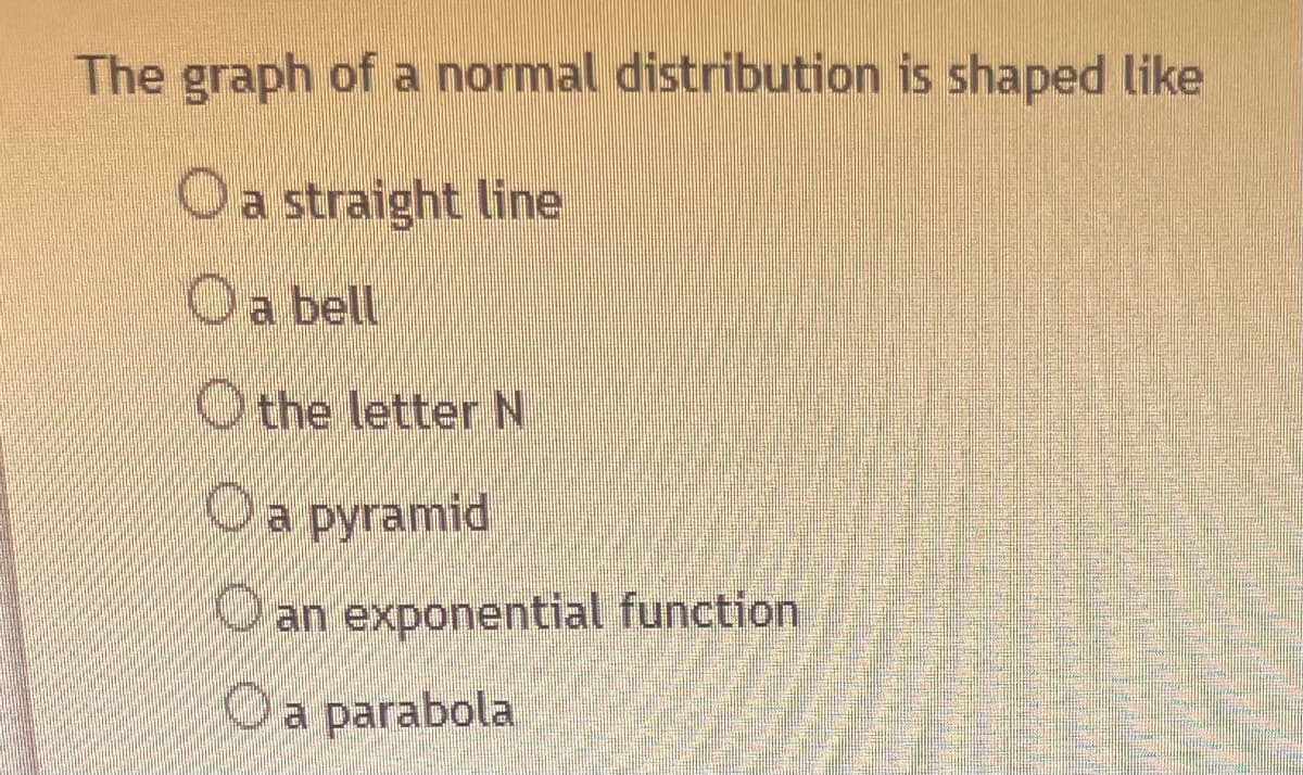 The graph of a normal distribution is shaped like
a straight line
O a bell
the letter N
a pyramid
an exponential function
O a parabola
