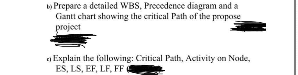 b) Prepare a detailed WBS, Precedence diagram and a
Gantt chart showing the critical Path of the propose
project
c) Explain the following: Critical Path, Activity on Node,
ES, LS, EF, LF, FF