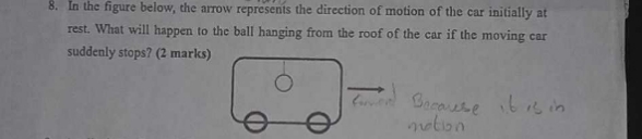 8. In the figure below, the arrow represents the direction of motion of the car initially at
rest. What will happen to the ball hanging from the roof of the car if the moving car
suddenly stops? (2 marks)
Because it is in
motion