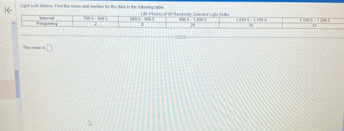 K
Light bulb lifetime. Find the mean and median for the data in the following table.
Interval
Frequency
799.5-899.5
2
Life (Hours) of 50 Randomly Selected Light Bulbs
899.5-999.5
999.5-1,099.5
8
20
The mean is
1,099.5-1,199.5
1,199.5-1,299.5
10
10
