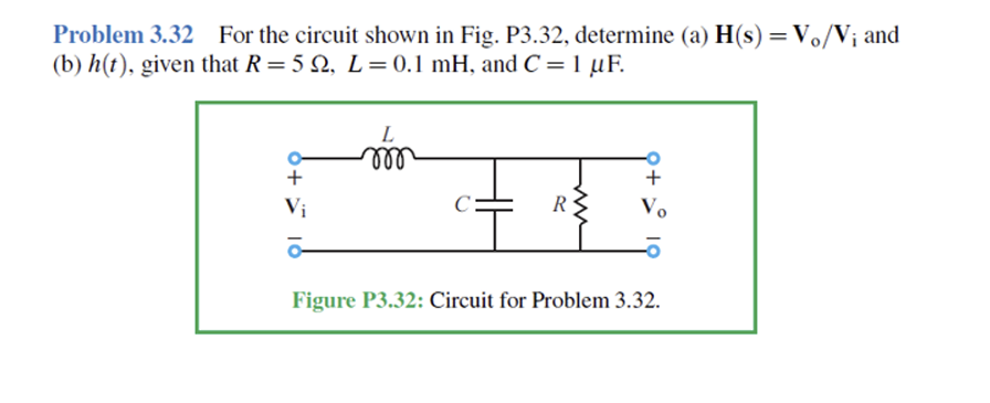 Problem 3.32 For the circuit shown in Fig. P3.32, determine (a) H(s) = Vo/V; and
(b) h(t), given that R = 52, L= 0.1 mH, and C = 1 µF.
L
m
+
R
Vi
Vo
Figure P3.32: Circuit for Problem 3.32.