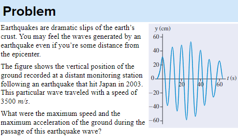 Problem
Earthquakes are dramatic slips of the earth's
crust. You may feel the waves generated by an
earthquake even if you're some distance from
the epicenter.
The figure shows the vertical position of the
ground recorded at a distant monitoring station
following an earthquake that hit Japan in 2003.
This particular wave traveled with a speed of
3500 m/s.
What were the maximum speed and the
y (cm)
60-
40-
20;
-20-
-40-
maximum acceleration of the ground during the -60-
passage of this earthquake wave?
20
60
t(s)