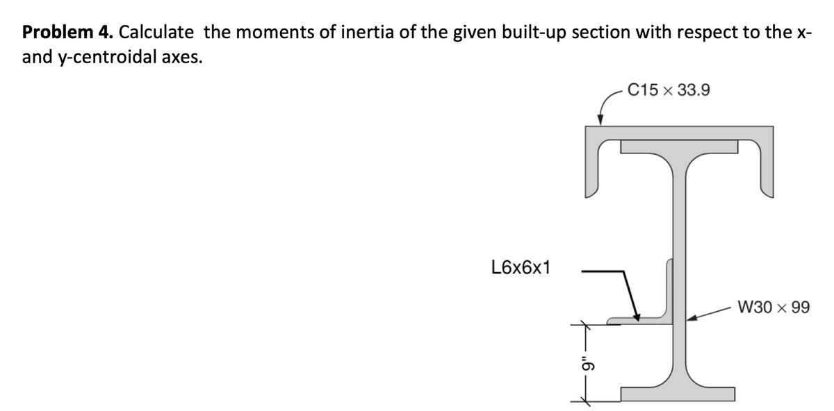Problem 4. Calculate the moments of inertia of the given built-up section with respect to the x-
and y-centroidal axes.
L6x6x1
9"
C15 x 33.9
W30 × 99