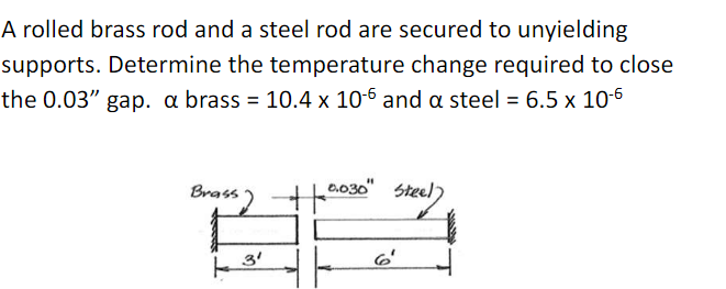 A rolled brass rod and a steel rod are secured to unyielding
supports. Determine the temperature change required to close
the 0.03" gap. a brass = 10.4 x 10-6 and a steel = 6.5 x 10-6
Brass)
0.030"
Steel)