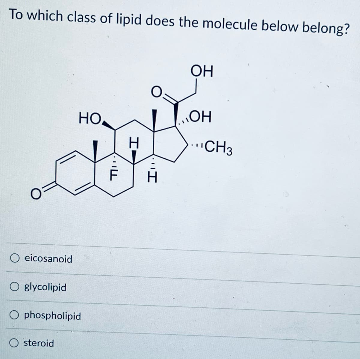 To which class of lipid does the molecule below belong?
OH
HO
OH
H
...CH3
eicosanoid
O glycolipid
O phospholipid
Osteroid