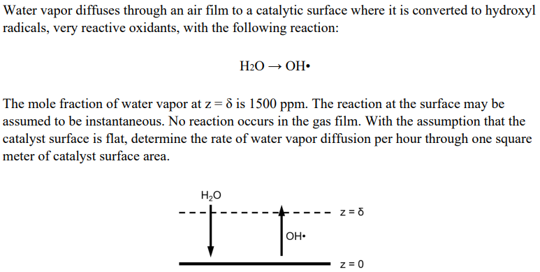 Water vapor diffuses through an air film to a catalytic surface where it is converted to hydroxyl
radicals, very reactive oxidants, with the following reaction:
H₂O → OH.
The mole fraction of water vapor at z = 8 is 1500 ppm. The reaction at the surface may be
assumed to be instantaneous. No reaction occurs in the gas film. With the assumption that the
catalyst surface is flat, determine the rate of water vapor diffusion per hour through one square
meter of catalyst surface area.
H₂O
OH.
z = d
z = 0