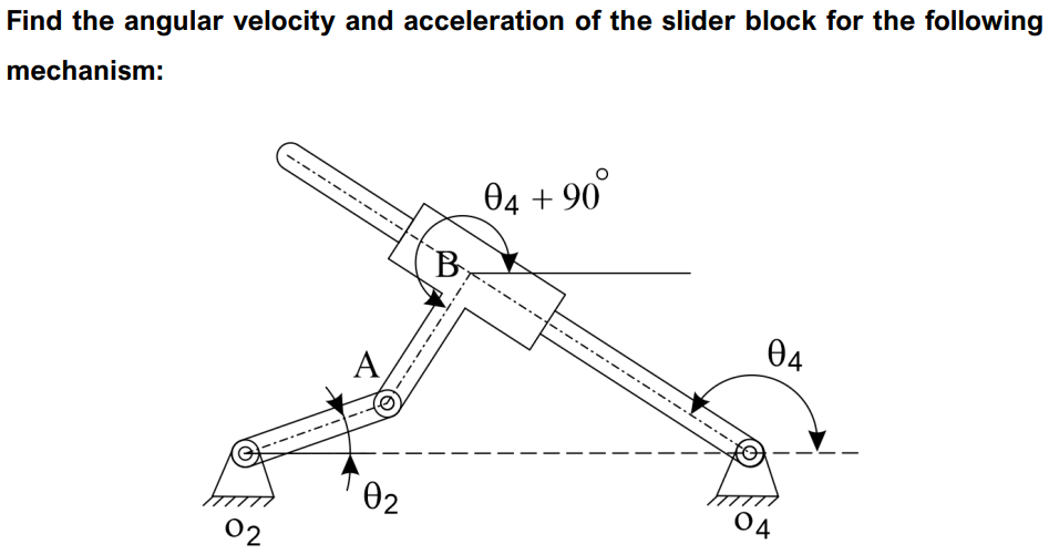 Find the angular velocity and acceleration of the slider block for the following
mechanism:
02
-----
04 +90°
B
A
02
-----------
04
04