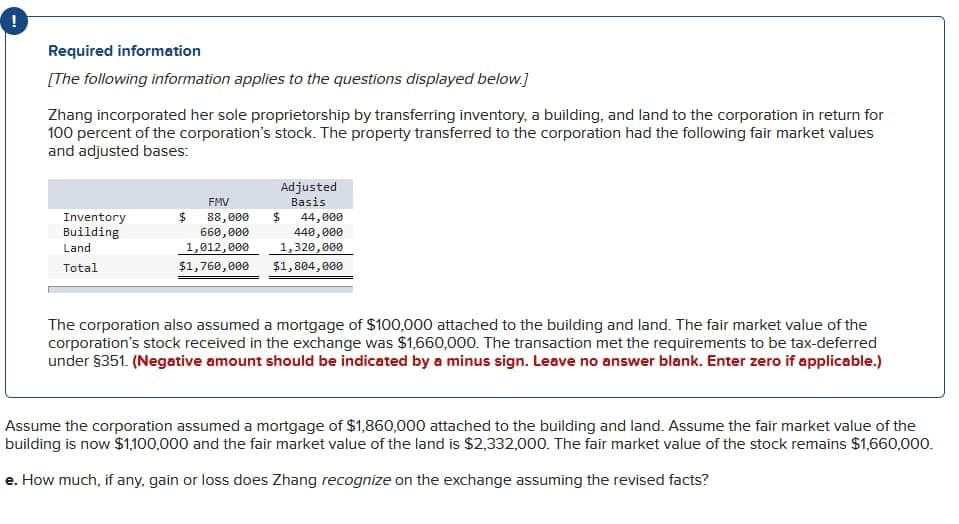 I
Required information
[The following information applies to the questions displayed below.]
Zhang incorporated her sole proprietorship by transferring inventory, a building, and land to the corporation in return for
100 percent of the corporation's stock. The property transferred to the corporation had the following fair market values
and adjusted bases:
Inventory
Building
Land
Total
FMV
88,000
660,000
1,012,000
$1,760,000
$
Adjusted
Basis
$
44,000
440,000
1,320,000
$1,804,000
The corporation also assumed a mortgage of $100,000 attached to the building and land. The fair market value of the
corporation's stock received in the exchange was $1,660,000. The transaction met the requirements to be tax-deferred
under $351. (Negative amount should be indicated by a minus sign. Leave no answer blank. Enter zero if applicable.)
Assume the corporation assumed a mortgage of $1,860,000 attached to the building and land. Assume the fair market value of the
building is now $1,100,000 and the fair market value of the land is $2,332,000. The fair market value of the stock remains $1,660,000.
e. How much, if any, gain or loss does Zhang recognize on the exchange assuming the revised facts?