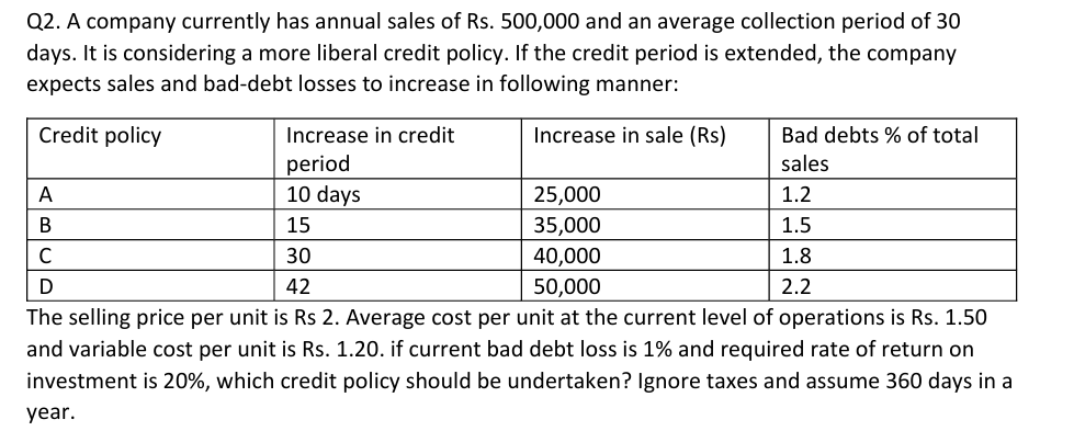 Q2. A company currently has annual sales of Rs. 500,000 and an average collection period of 30
days. It is considering a more liberal credit policy. If the credit period is extended, the company
expects sales and bad-debt losses to increase in following manner:
Credit policy
А
Increase in credit
period
Increase in sale (Rs)
Bad debts % of total
sales
25,000
1.2
35,000
1.5
40,000
1.8
50,000
ABCDE
10 days
15
30
42
2.2
The selling price per unit is Rs 2. Average cost per unit at the current level of operations is Rs. 1.50
and variable cost per unit is Rs. 1.20. if current bad debt loss is 1% and required rate of return on
investment is 20%, which credit policy should be undertaken? Ignore taxes and assume 360 days in a
year.
