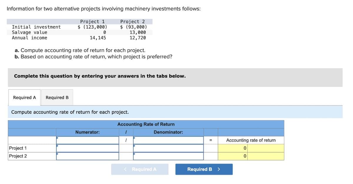 Information for two alternative projects involving machinery investments follows:
Initial investment
Project 1
$ (123,000)
Project 2
$ (93,000)
Salvage value
0
13,000
Annual income
14,145
12,720
a. Compute accounting rate of return for each project.
b. Based on accounting rate of return, which project is preferred?
Complete this question by entering your answers in the tabs below.
Required A Required B
Compute accounting rate of return for each project.
Project 1
Project 2
Accounting Rate of Return
Denominator:
Numerator:
1
=
Accounting rate of return
0
0
< Required A
Required B >