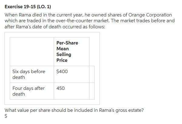Exercise 19-15 (LO. 1)
When Rama died in the current year, he owned shares of Orange Corporation
which are traded in the over-the-counter market. The market trades before and
after Rama's date of death occurred as follows:
Per-Share
Mean
Selling
Price
Six days before
death
$400
Four days after
death
450
What value per share should be included in Rama's gross estate?
$
