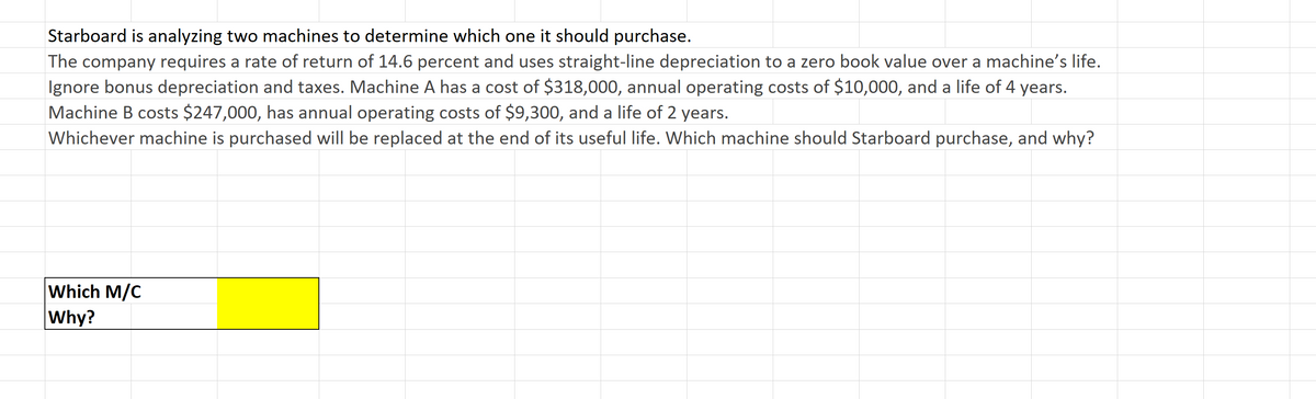 Starboard is analyzing two machines to determine which one it should purchase.
The company requires a rate of return of 14.6 percent and uses straight-line depreciation to a zero book value over a machine's life.
Ignore bonus depreciation and taxes. Machine A has a cost of $318,000, annual operating costs of $10,000, and a life of 4 years.
Machine B costs $247,000, has annual operating costs of $9,300, and a life of 2 years.
Whichever machine is purchased will be replaced at the end of its useful life. Which machine should Starboard purchase, and why?
Which M/C
Why?