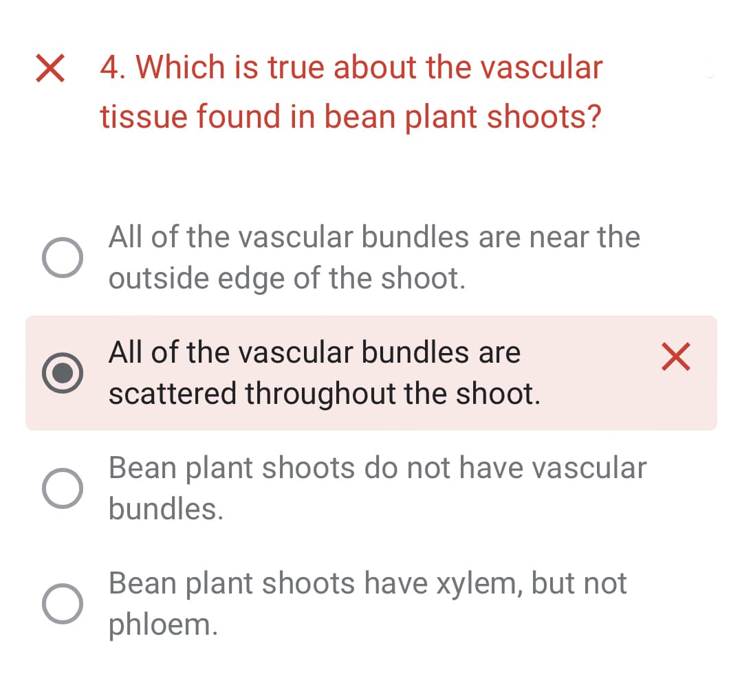 X 4. Which is true about the vascular
tissue found in bean plant shoots?
All of the vascular bundles are near the
outside edge of the shoot.
All of the vascular bundles are
scattered throughout the shoot.
Bean plant shoots do not have vascular
bundles.
Bean plant shoots have xylem, but not
phloem.
×